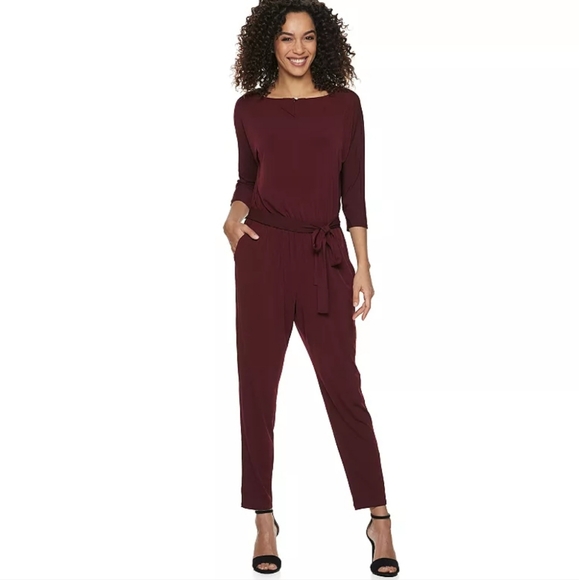 Nina Leonard Pants - Nina Leonard 3/4 Sleeve Jumpsuit in Wine, Size Medium